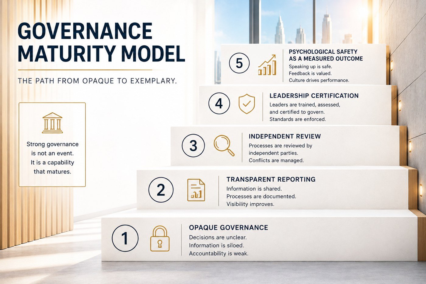 Governance Maturity Model: five levels from opaque to exemplary